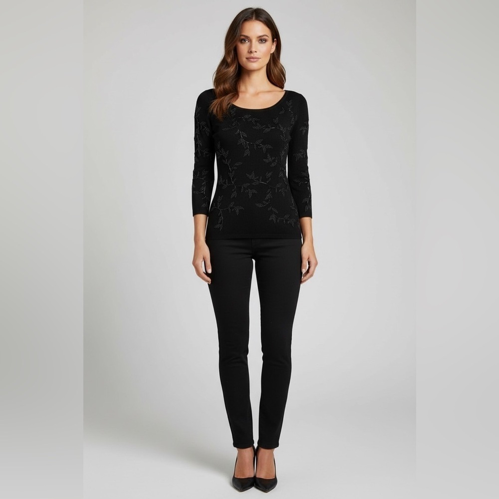 Sandra Darren Black Beaded Knit Top Women’s Size Small Embellished Blouse